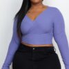 Plus Size Ribbed Wrap-Front Long Sleeve Top