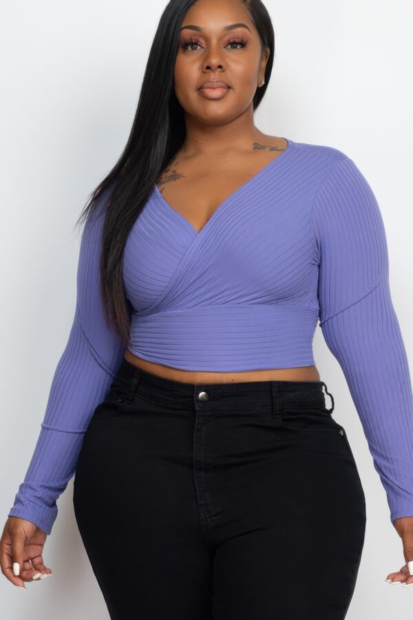 Plus Size Ribbed Wrap-Front Long Sleeve Top