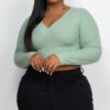 Plus Size Ribbed Wrap-Front Long Sleeve Top