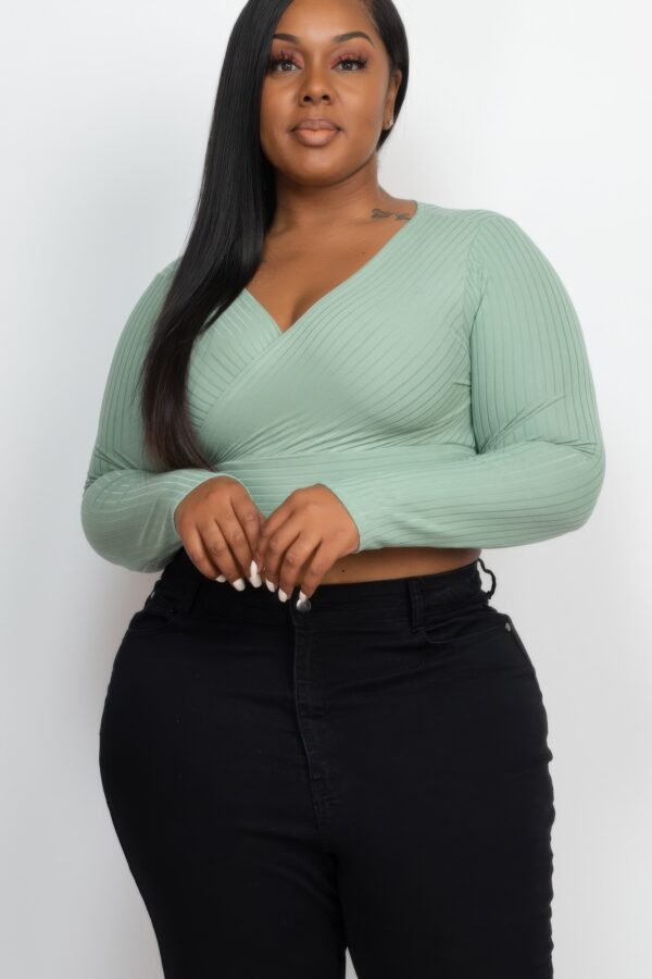Plus Size Ribbed Wrap-Front Long Sleeve Top
