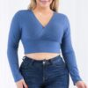 Plus Size Ribbed Wrap-Front Long Sleeve Top