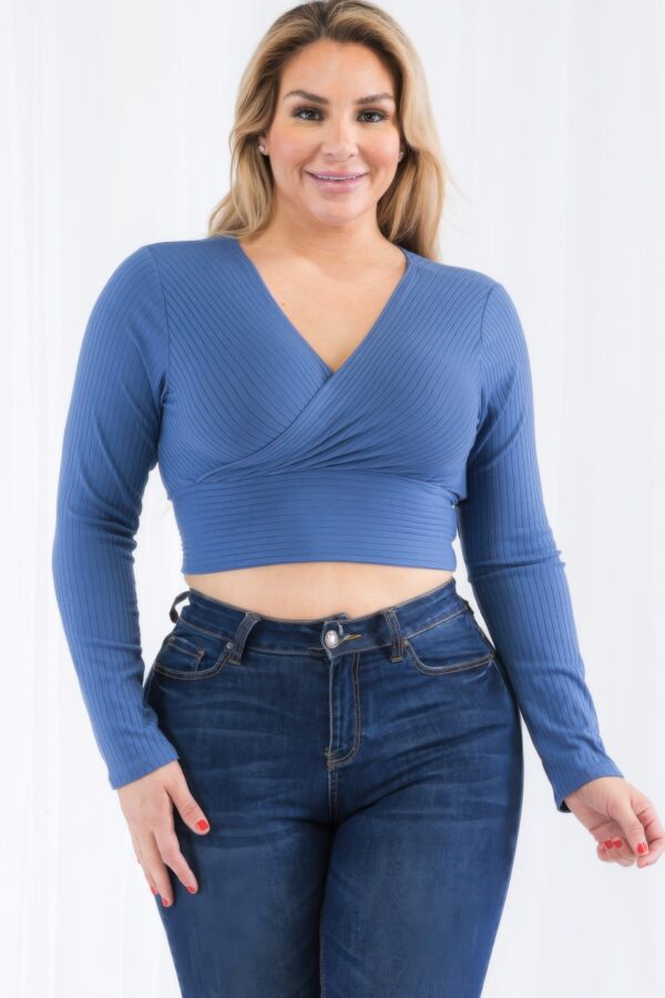 Plus Size Ribbed Wrap-Front Long Sleeve Top