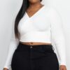 Plus Size Ribbed Wrap-Front Long Sleeve Top