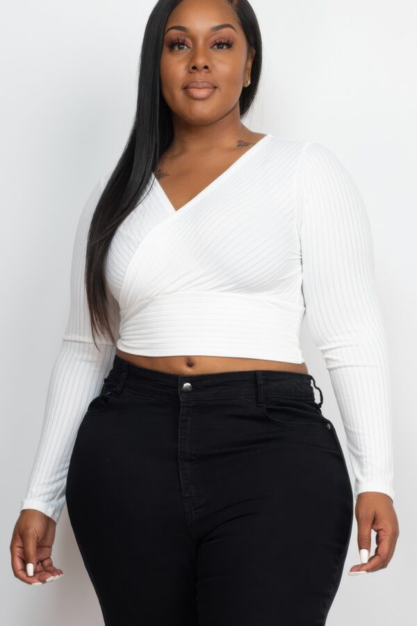 Plus Size Ribbed Wrap-Front Long Sleeve Top