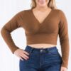 Plus Size Ribbed Wrap-Front Long Sleeve Top