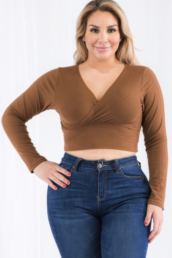 Plus Size Ribbed Wrap-Front Long Sleeve Top