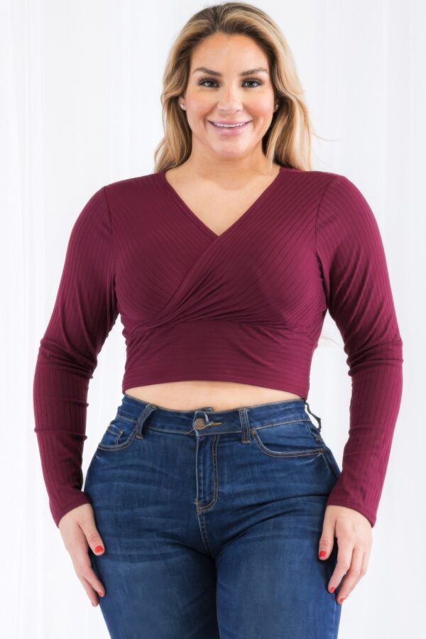 Plus Size Ribbed Wrap-Front Long Sleeve Top