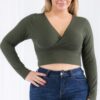 Plus Size Ribbed Wrap-Front Long Sleeve Top