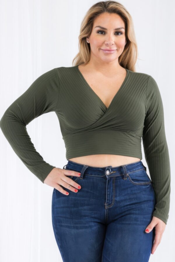 Plus Size Ribbed Wrap-Front Long Sleeve Top