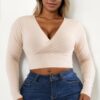 Plus Size Ribbed Wrap-Front Long Sleeve Top