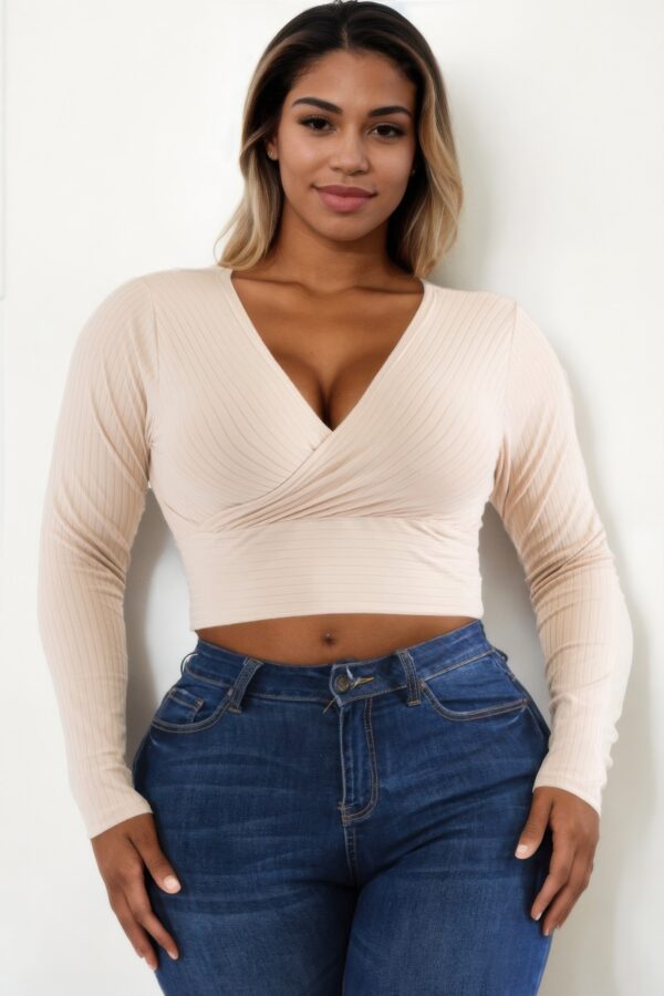 Plus Size Ribbed Wrap-Front Long Sleeve Top