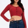 Ribbed Snap-Button Long Sleeve Crop Top