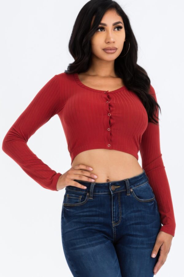Ribbed Snap-Button Long Sleeve Crop Top