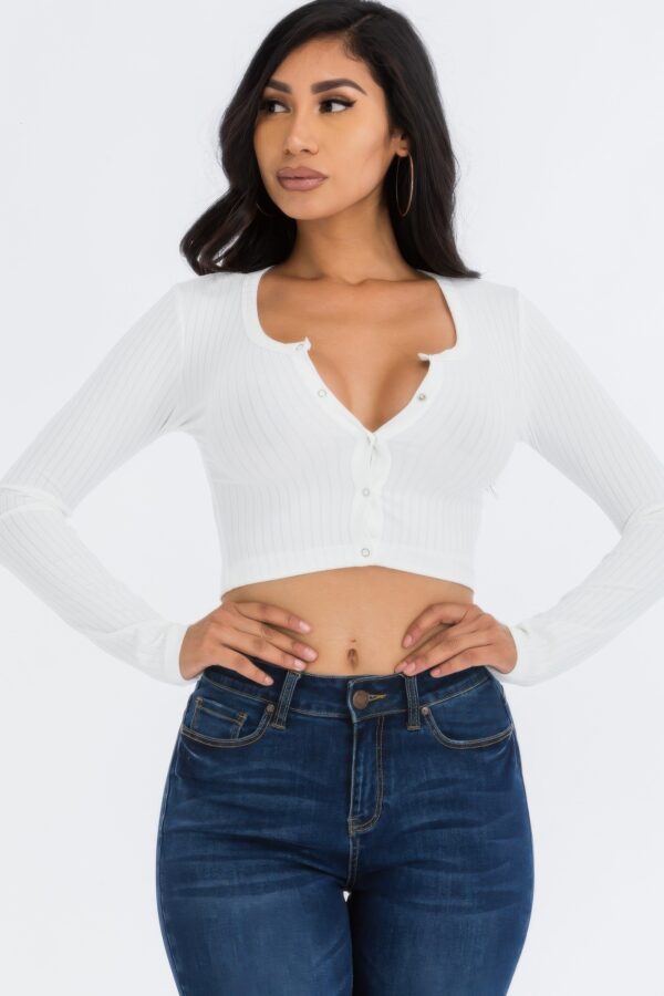 Ribbed Snap-Button Long Sleeve Crop Top