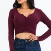 Ribbed Snap-Button Long Sleeve Crop Top
