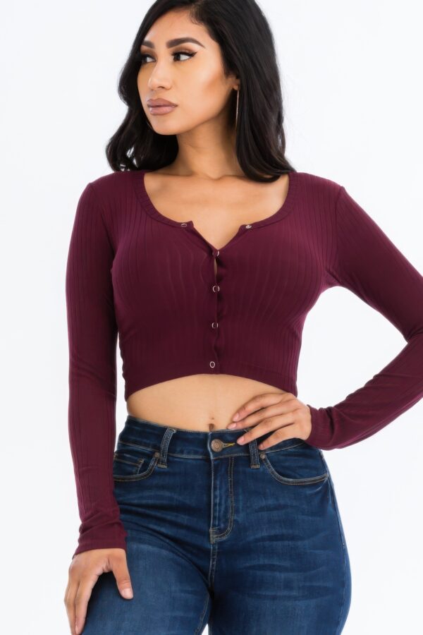 Ribbed Snap-Button Long Sleeve Crop Top
