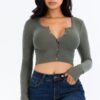 Ribbed Snap-Button Long Sleeve Crop Top