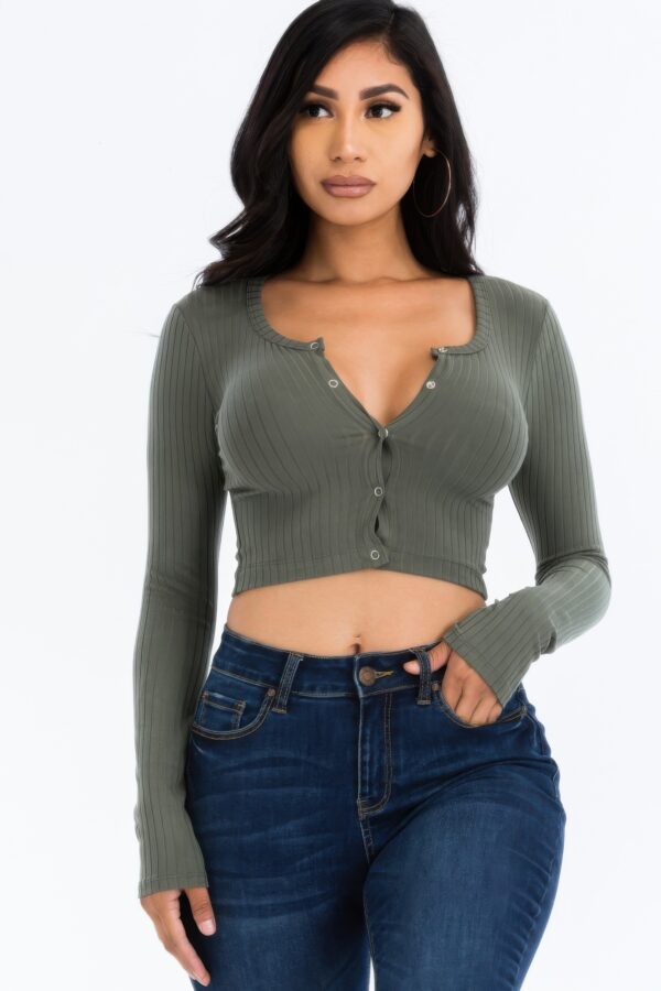 Ribbed Snap-Button Long Sleeve Crop Top