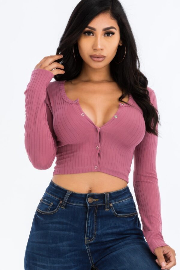 Ribbed Snap-Button Long Sleeve Crop Top
