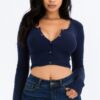 Ribbed Snap-Button Long Sleeve Crop Top