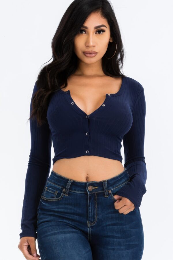 Ribbed Snap-Button Long Sleeve Crop Top