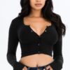 Ribbed Snap-Button Long Sleeve Crop Top