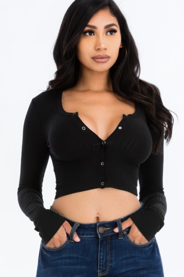 Ribbed Snap-Button Long Sleeve Crop Top