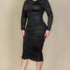 Plus Size Ruched Long-Sleeve Midi Dress for Curves