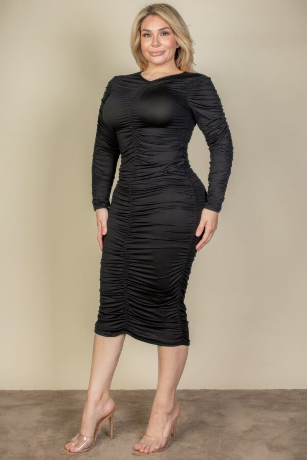 Plus Size Ruched Long-Sleeve Midi Dress for Curves