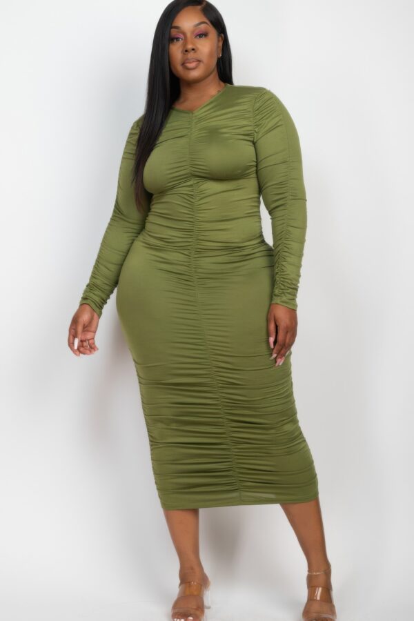 Plus Size Ruched Long-Sleeve Midi Dress for Curves