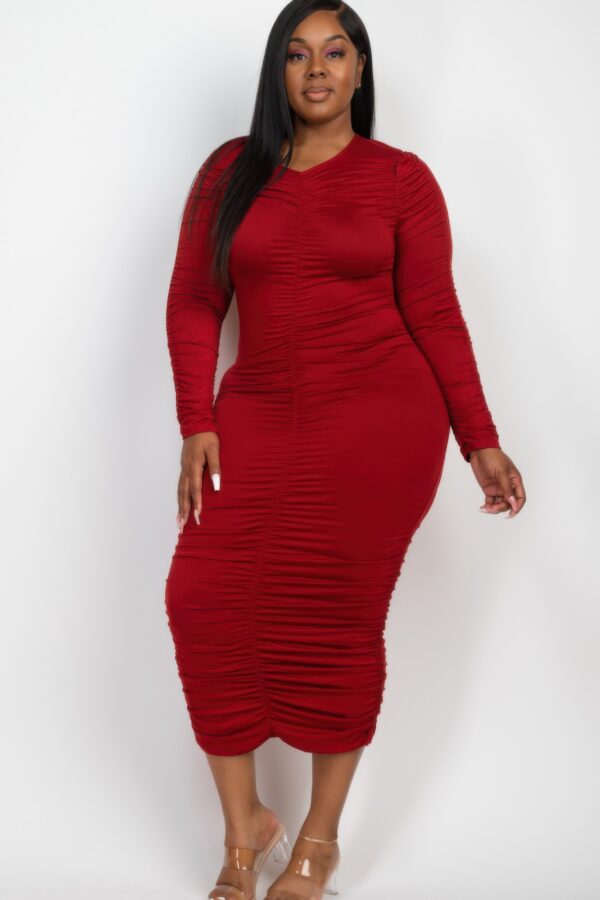 Plus Size Ruched Long-Sleeve Midi Dress for Curves