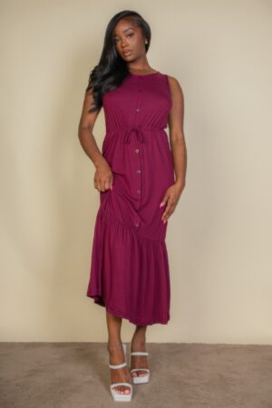 Sleeveless Button-Front Tie-Waist Jersey Maxi Dress