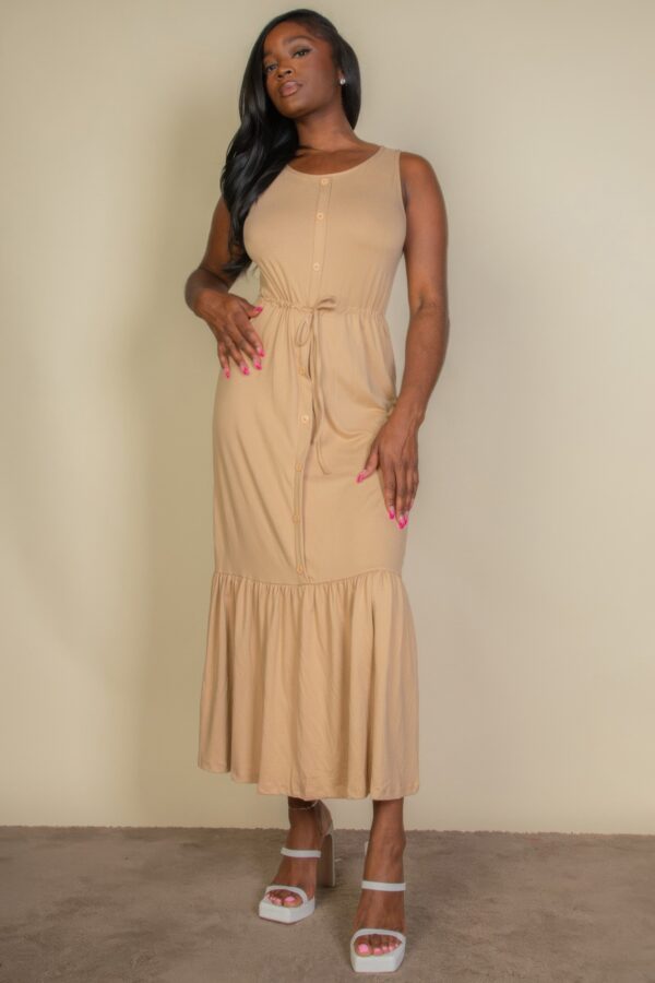 Sleeveless Button-Front Tie-Waist Jersey Maxi Dress