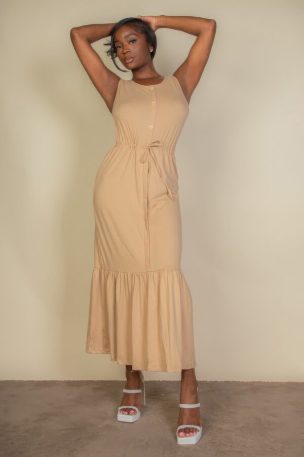 Sleeveless Button-Front Tie-Waist Jersey Maxi Dress