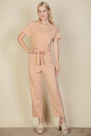 Relaxed Rib-Knit Tie Waist Jumpsuit in Four Colors