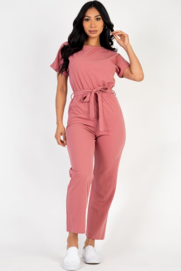 Relaxed Rib-Knit Tie Waist Jumpsuit in Four Colors