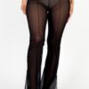 Poly Mesh High-Waist Flared Pants with Front Slit – Black