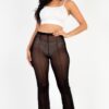 Poly Mesh High-Waist Flared Pants with Front Slit – Black