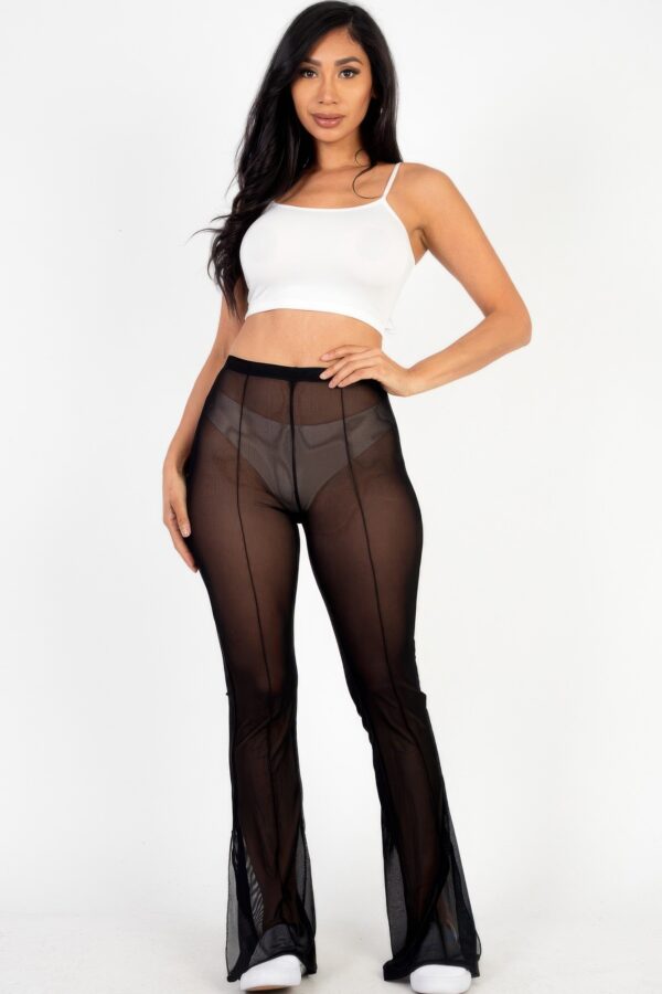 Poly Mesh High-Waist Flared Pants with Front Slit – Black