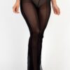 Poly Mesh High-Waist Flared Pants with Front Slit – Black
