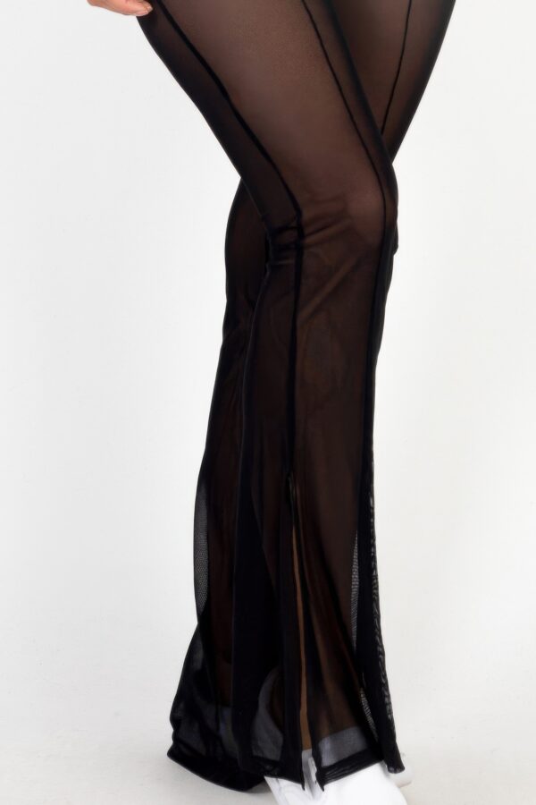 Poly Mesh High-Waist Flared Pants with Front Slit – Black