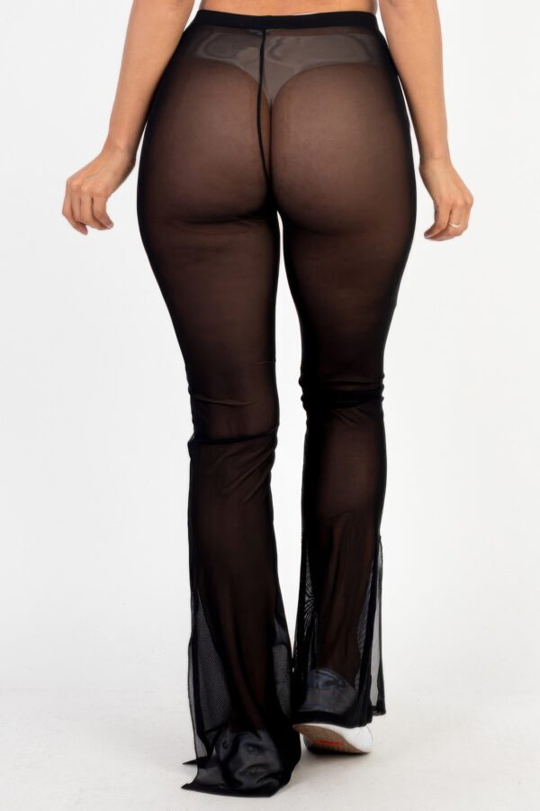Poly Mesh High-Waist Flared Pants with Front Slit – Black