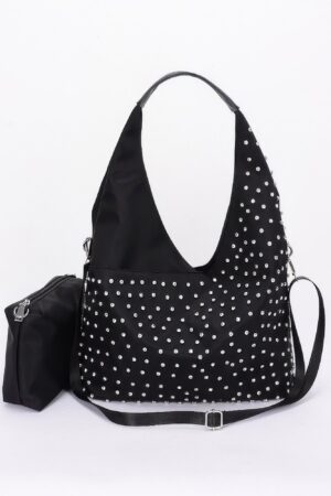 Rhinestone Studded Bindle Bag with Matching Purse – Black
