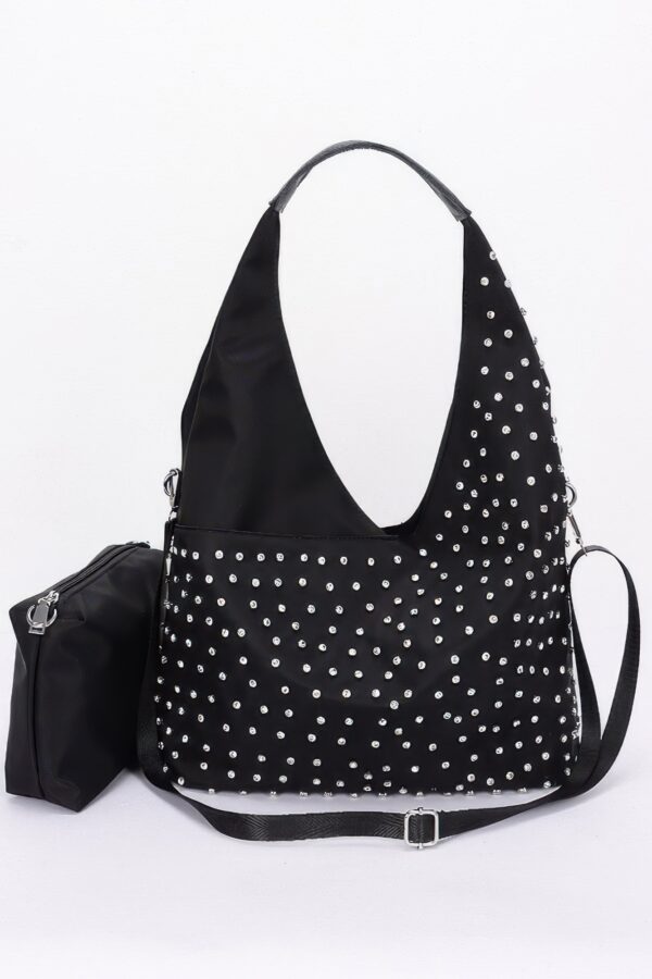 Rhinestone Studded Bindle Bag with Matching Purse – Black