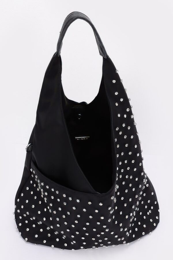 Rhinestone Studded Bindle Bag with Matching Purse – Black