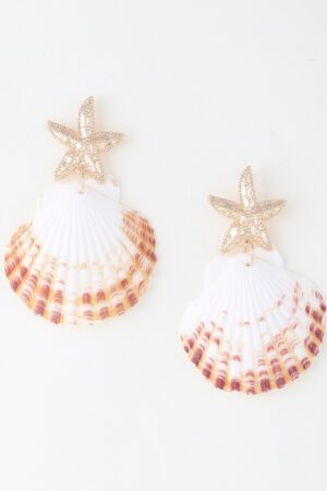 Clam Shell Earrings with Starfish Accent – Gold White
