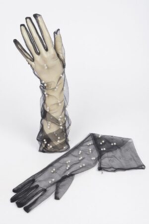 Pearl-Embellished Mesh Long Gloves – Black, White