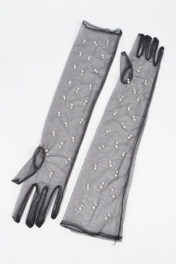 Pearl-Embellished Mesh Long Gloves – Black, White
