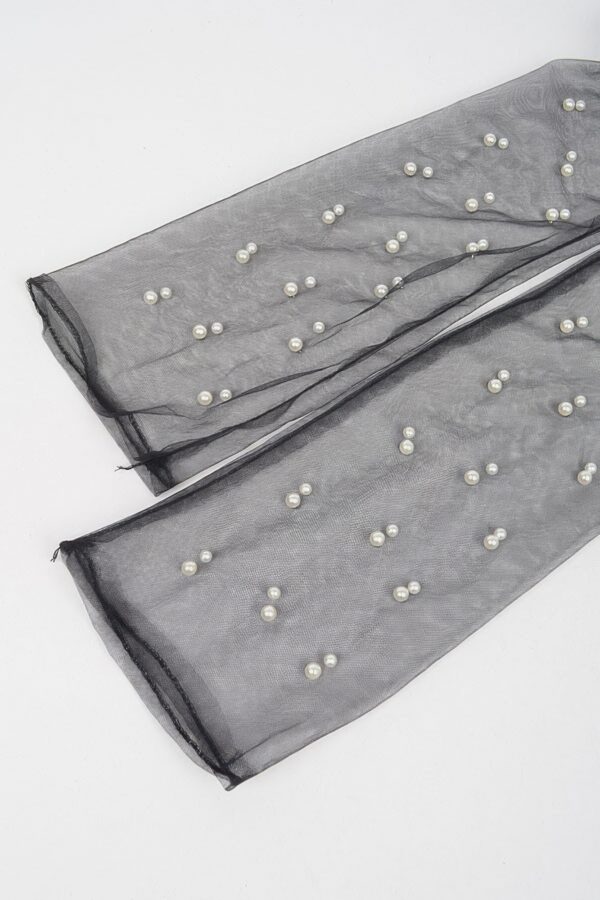 Pearl-Embellished Mesh Long Gloves – Black, White