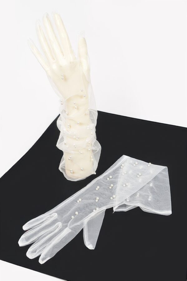 Pearl-Embellished Mesh Long Gloves – Black, White